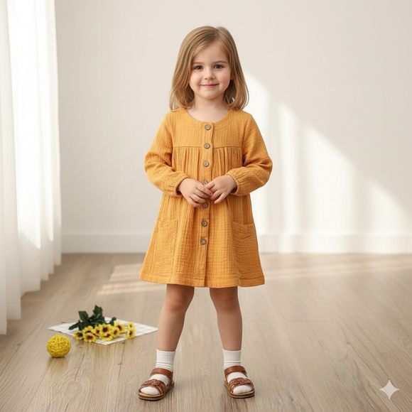 Boho Button Front Oversized Pocket Kid Cotton Dress Mustard Tunic Youth Girl 6-7 - Picture 1 of 5